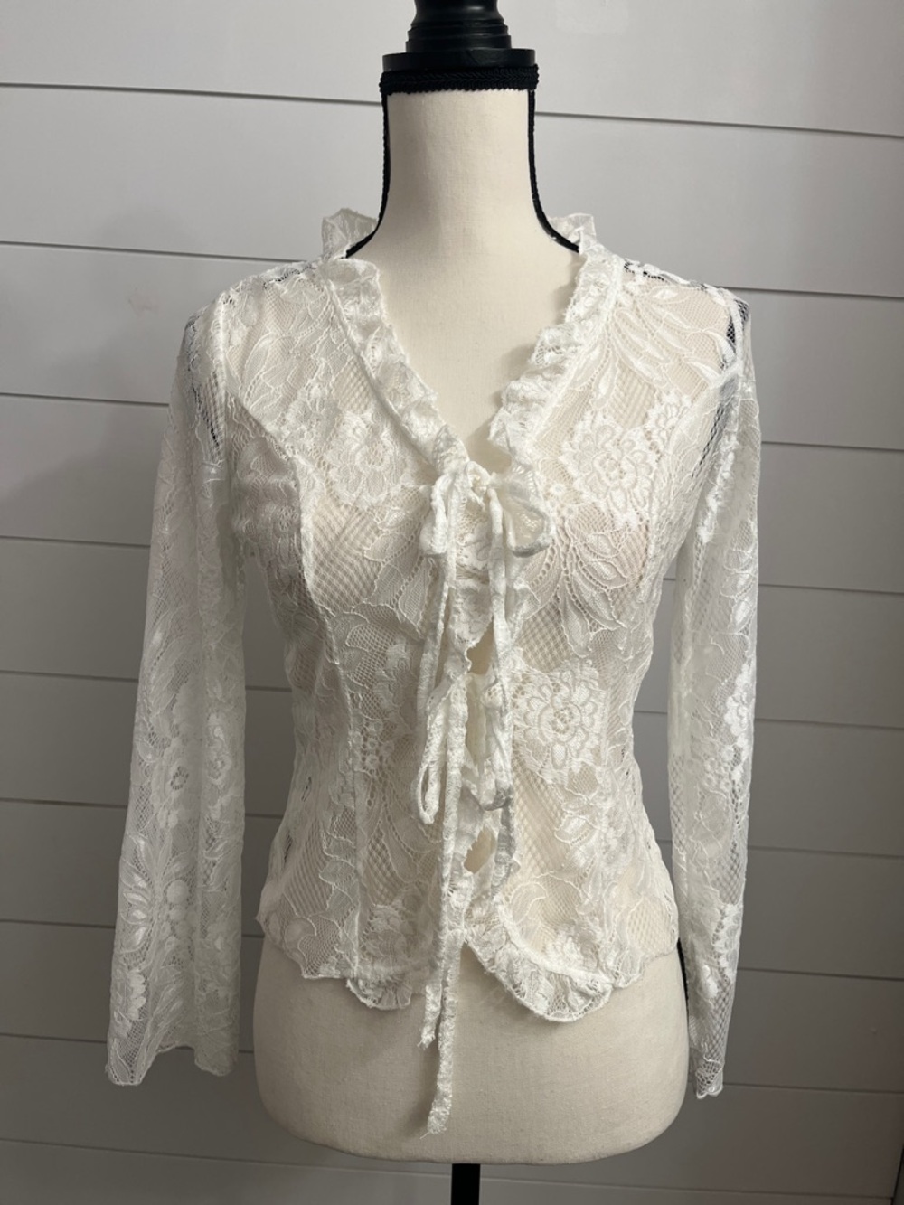 Sheer White Lace Tie-Front Blouse